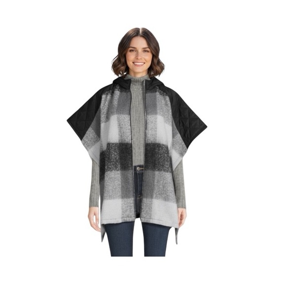 Time And Tru Black Plaid Hooded Zipper Poncho Sweater - Picture 11 of 11